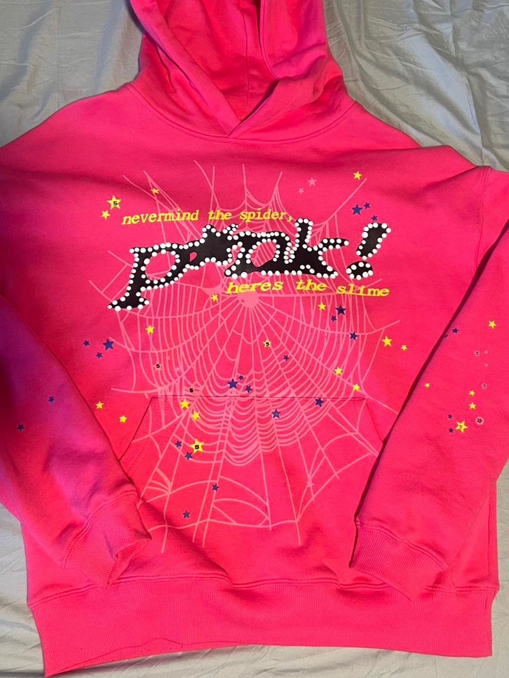 Pink Graphic Hoodie with Spiderweb & Pearl Text